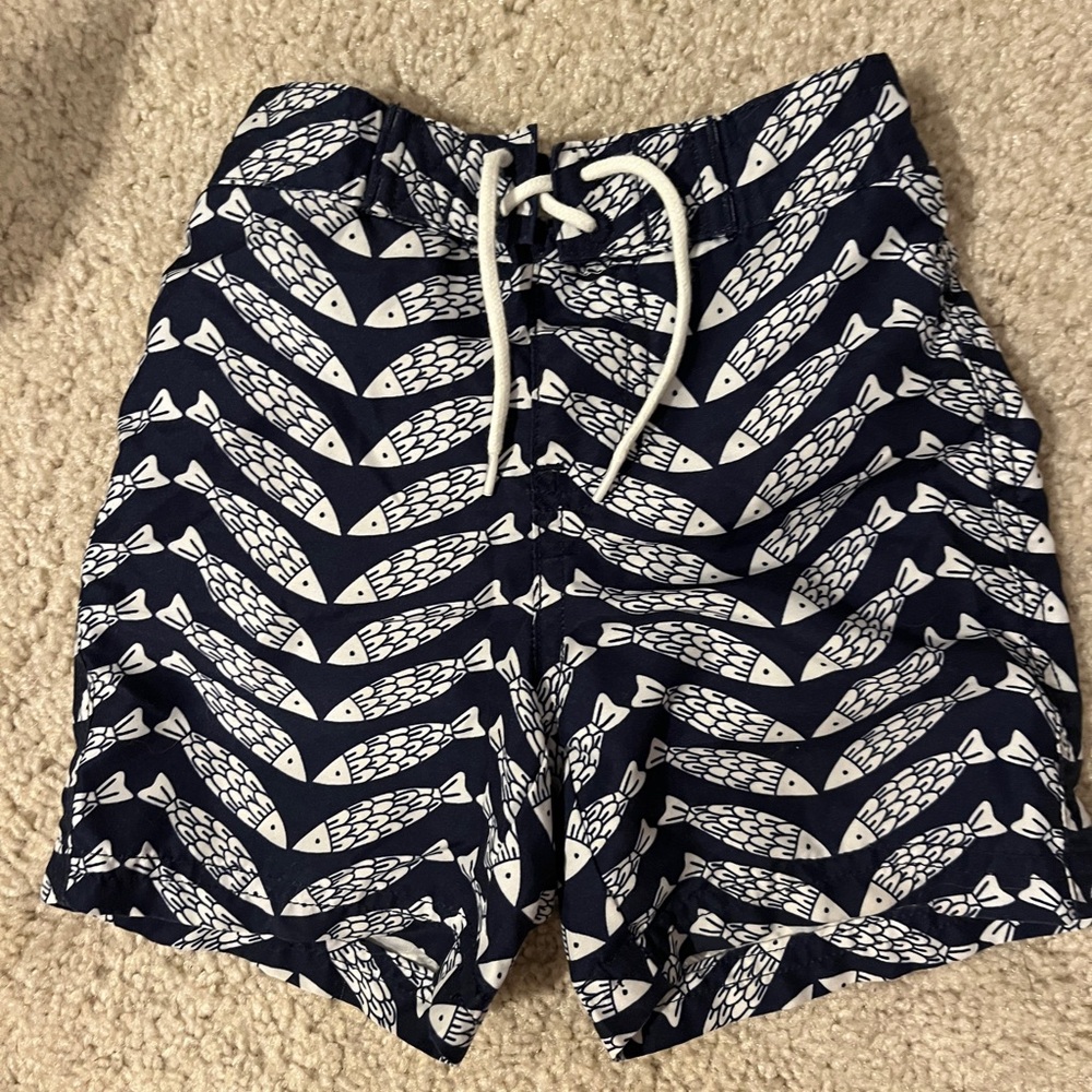Janie and Jack boys blue fish print swim shorts size 12-18 months